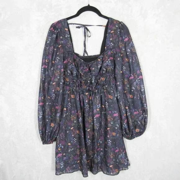 Disturbia Dark Floral Mini Dress Long Balloon Sleeve Smocked Tie Back US 4 y2K - Picture 1 of 11